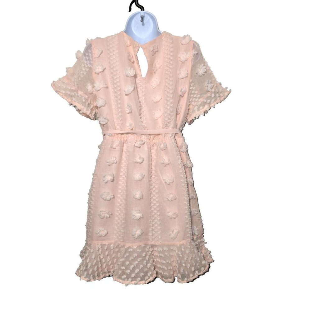 &Merci Mini Dress Medium Blush Pink Textured Femme Romantic Tie Waist Flattering - Picture 2 of 12